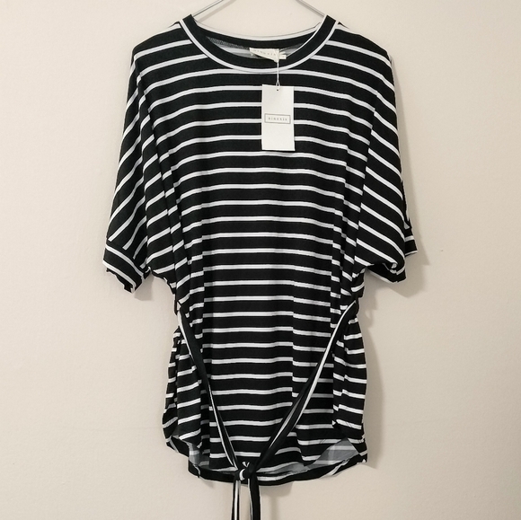 Ninexis Size Small Black White Striped Tunic Top Tie Waist Short Sleeves NWT - Picture 2 of 7